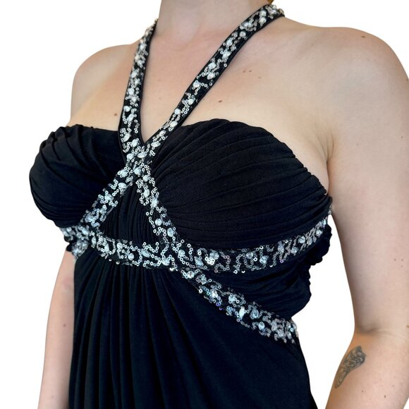 PROM Bridesmaid Gala Long Dress Black with Silver Sequins Greek Style Sheer 5/6 - Picture 2 of 9